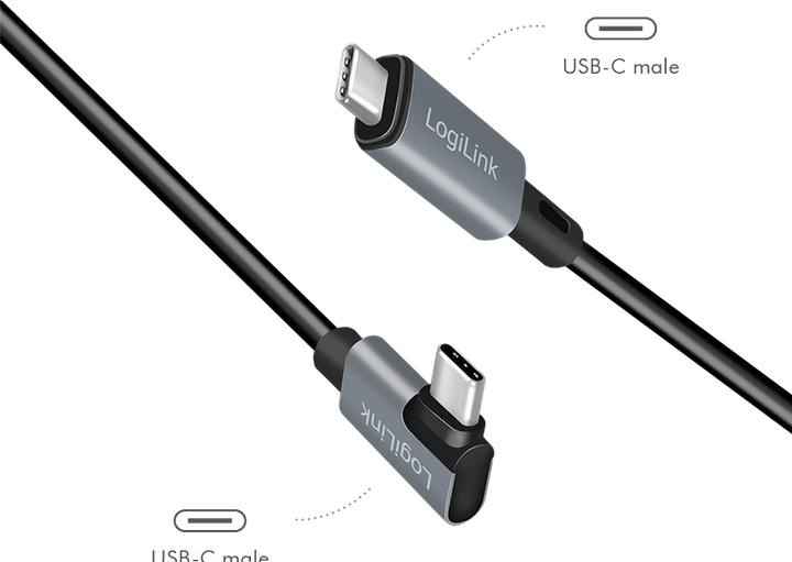 Produktbild LogiLink USB 2.0 Type-C-Kabel, C/M 90° zu USB-C/M, E-mark, PD, schwarz, 3 m (3 m, USB 2.0, 100 W)