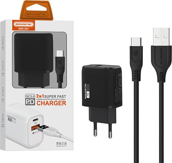 Image du produit Somostel 3A 18W WAND-LADEGERÄT + TYPE-C-KABEL SCHWARZ POWER DELIVERY QC3.0 SMS-Q01 PD+USB (18 W)
