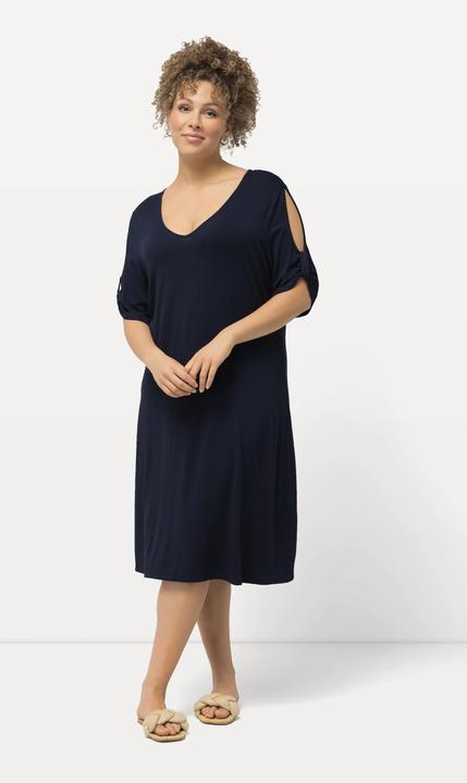 Image du produit Ulla Popken Robe de plage en jersey à décolleté en V, ruban fantaisie et manches courtes (60)