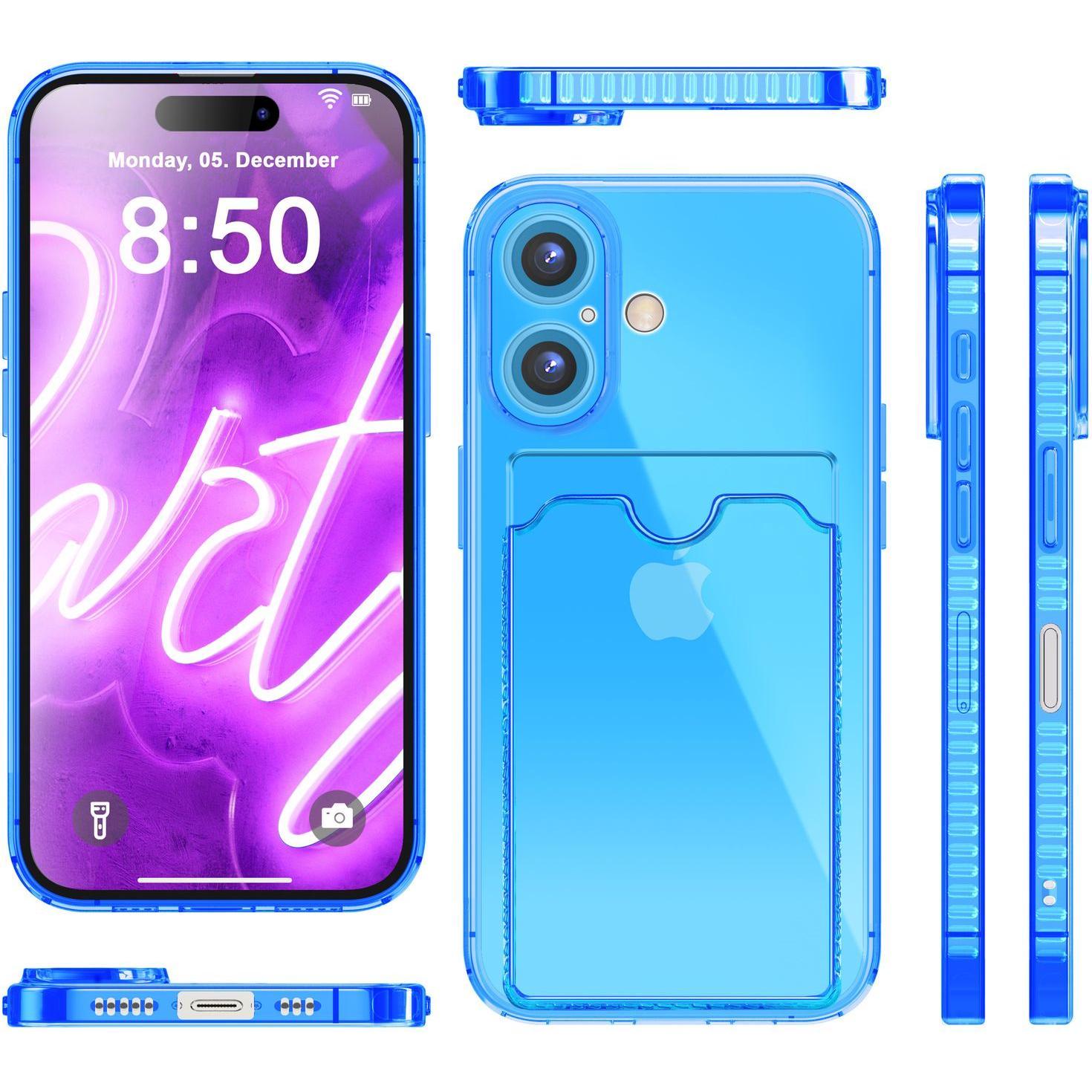 Thumbnail - Nalia Klar Transparente Neon Silikon Hülle Kartenhalter (Apple iPhone 16), Smartphone Hülle, Blau