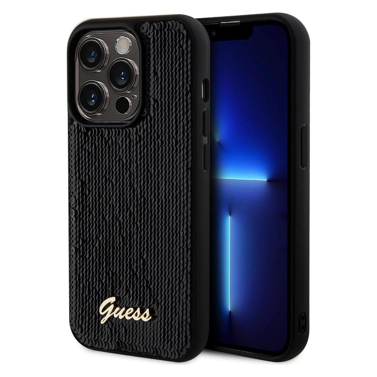 Guess GUHCP14XPSFDGSK IPhone 14 Pro Max 6.7" Czarny/black Hardcase Sequin Script Metal (Apple IPhone 14 Pro Max), Smartphone Hülle, Schwarz