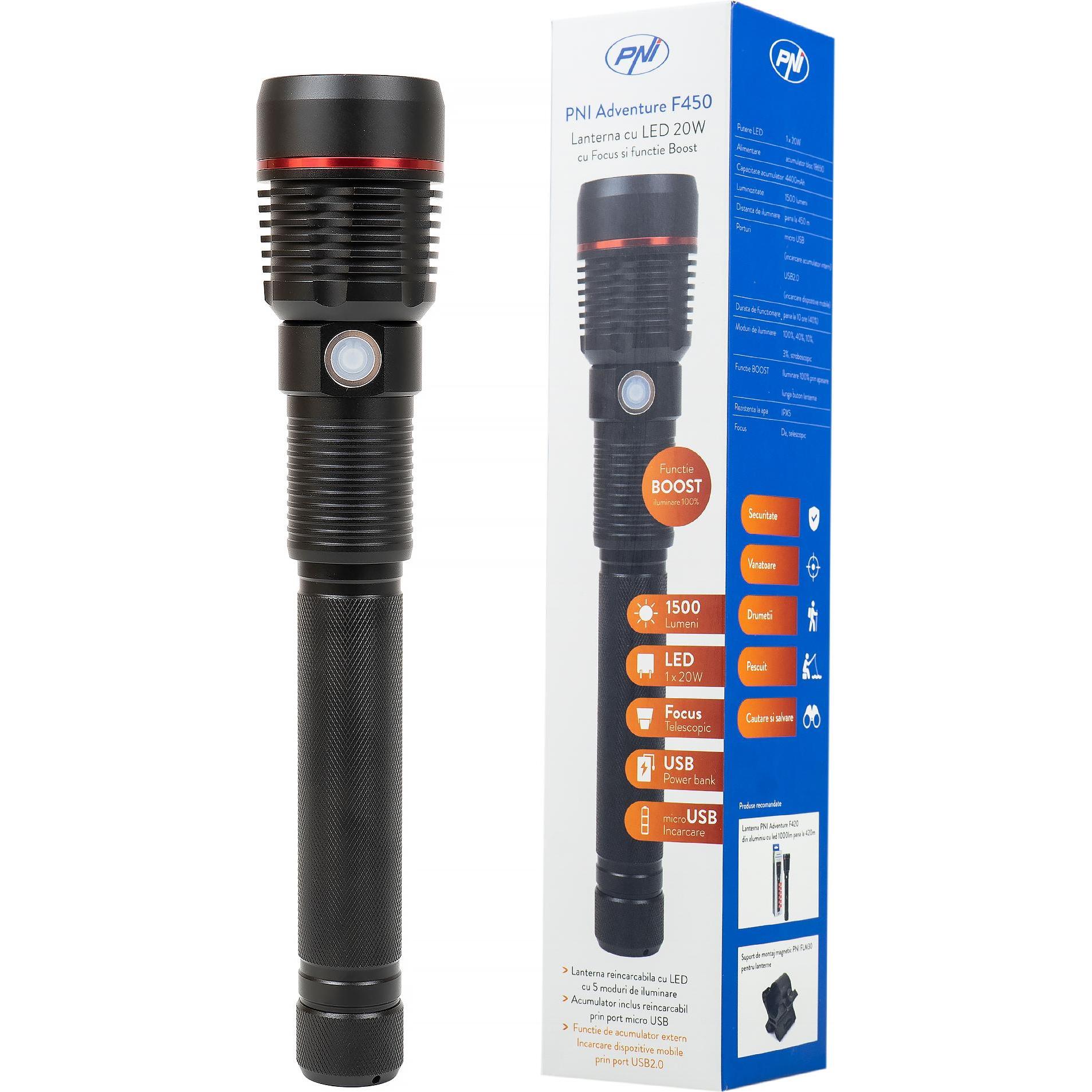 Thumbnail - PNI, Taschenlampe, Adventure F450 Aluminium-Taschenlampe mit Fokus und BOOST-Funktion, LED 20 W, 1500 lm bis zu 450 (24....