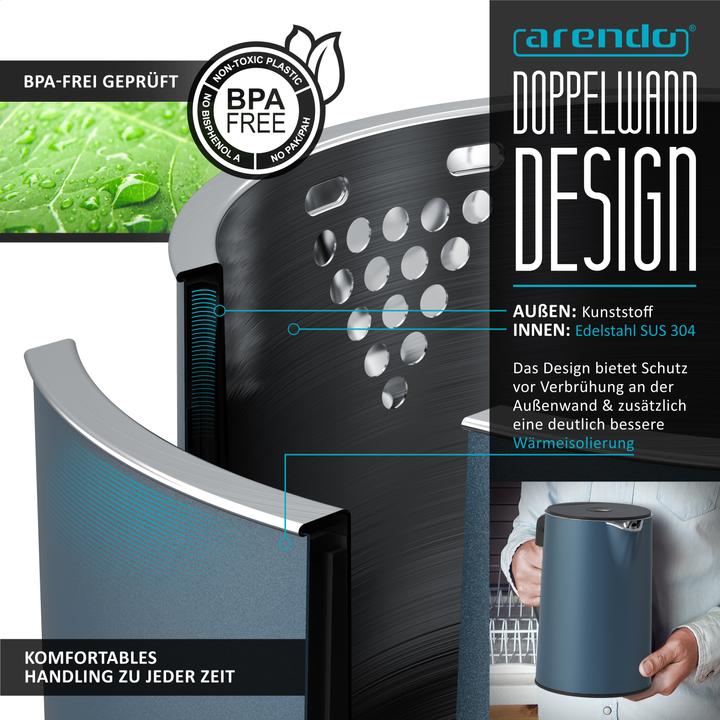 Produktbild Arendo Frühstücks Set Edelstahl Wasserkocher 1,5l Temperaturwahl & 4-Scheiben Langschlitz Toaster Blau Matt (1.50 l)