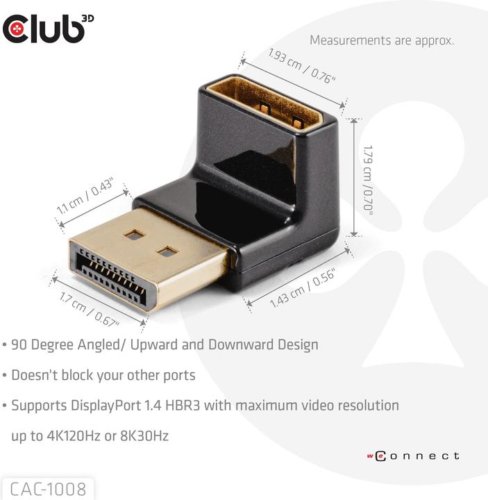 Produktbild Club 3D Club3D Adapter DP > DP 1.4 90° abgewikelt 4K@120Hz St/Bu retail (10.50 cm)