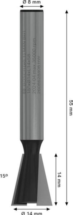 Produktbild Bosch Professional Zubehör Zinkenfräser, 8 mm, D1 14 mm, L 14 mm, G 55 mm, 15°
