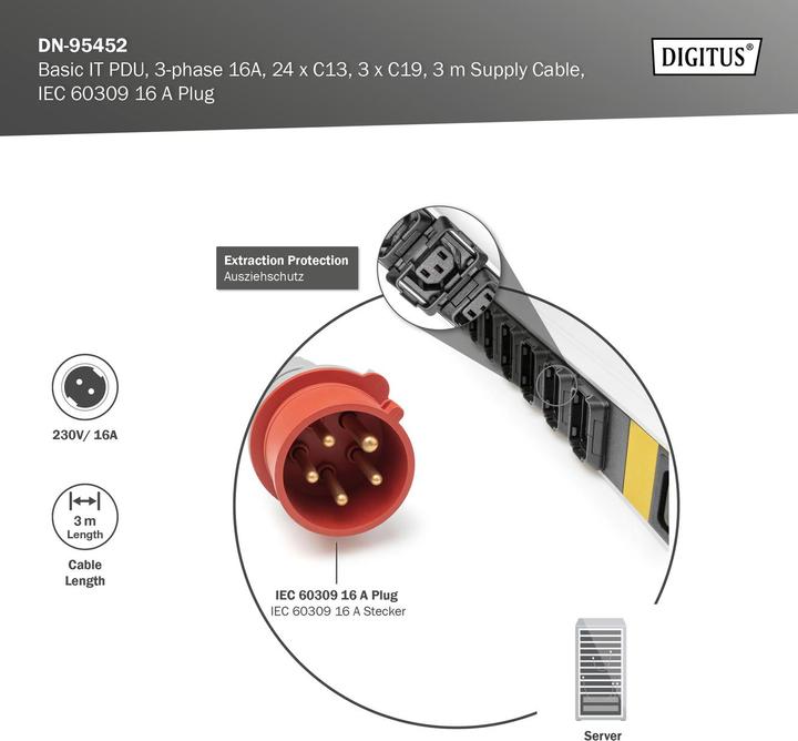 Produktbild Digitus Basis IT PDU, 3-phasig 16A, 24 x C13, 3 x C19, 3 m Zuleitung, IEC 60309 16 A Stecker