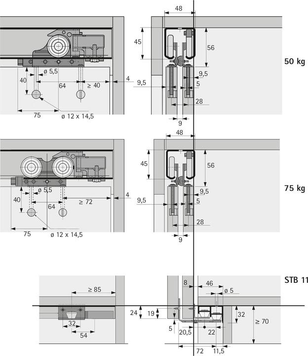 Image du produit Hettich Ferrure de porte coulissante Top Line 1 3 Set complet 75 kg DIN gauche / droite