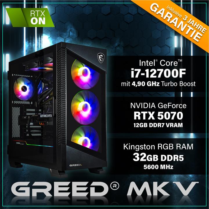 Produktbild Greed MK5 INTEL - Gaming PC - RTX 5070 & DDR5 (1000 GB, 32 GB, Intel Core i7-12700F, GeForce RTX 5070)