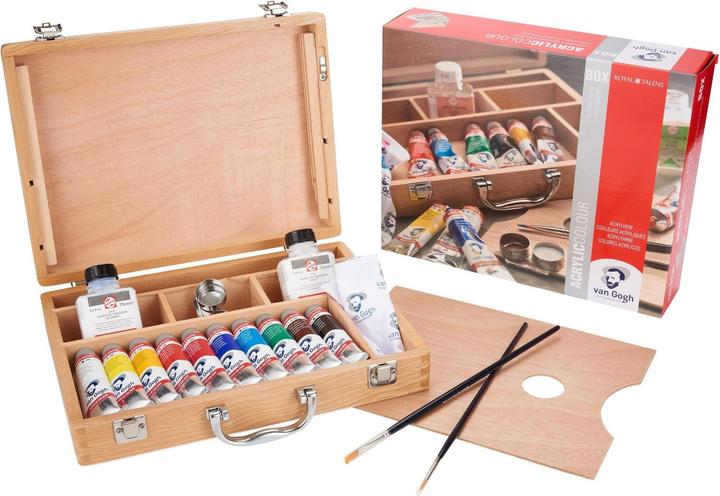 Van Gogh Holzkasten Acrylfarben Basic (Blau, Braun, Gelb, Grün, Rosa, Rot, Weiss, Dunkelgelb, Schwarz, Dunkelblau, 175 ml)