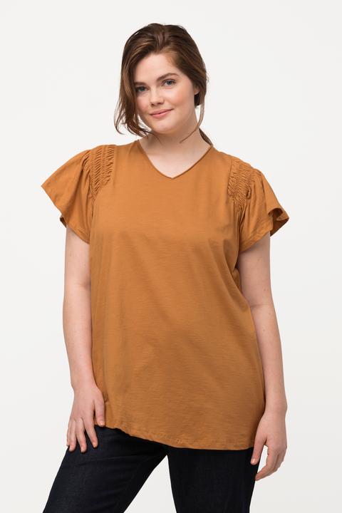 Image du produit Ulla Popken T-shirt à ligne en A en coton bio avec col en V et manches courtes (50, 52)