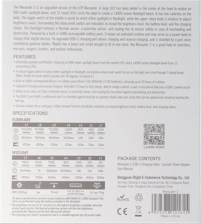 Nutritional values and ingredients Olight Marauder 2, Leuchtweite bis zu 800 Meter