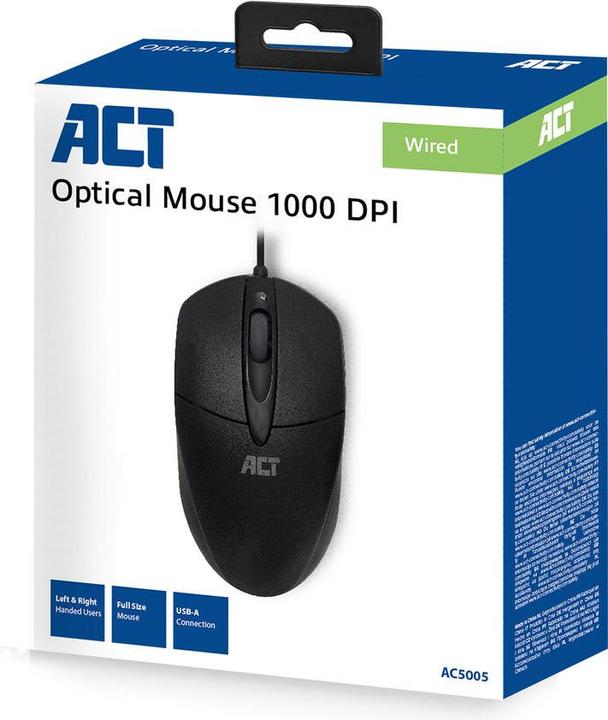 Immagine prodotto ACT Mouse ottico cablato, cavo USB, 1000 dpi, nero (Cablato)