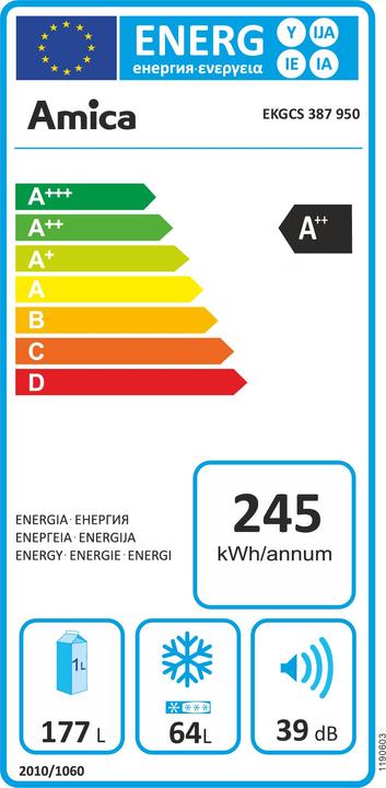 Etichetta energetica Amica Combinazione di congelatori EKGCS 387 950 LxHxP 54 x 177,6 x 55 cm Sezione fredda 177 l (244 l)