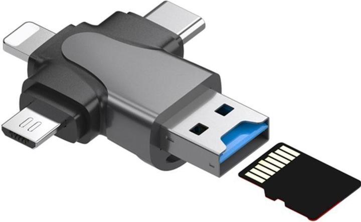 PowerGuard 4-in-1 USB-C Lightning MicroUSB & MicroSD Kaartlezer Adapter (USB Type C, Bliksem, Micro USB)