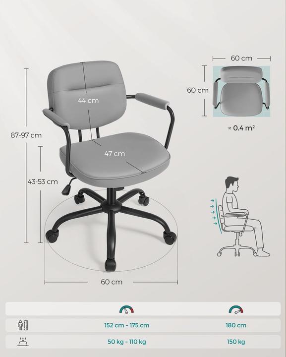 Immagine prodotto Songmics Sedia da ufficio con schienale e braccioli imbottiti, grigio (43 - 53 cm)