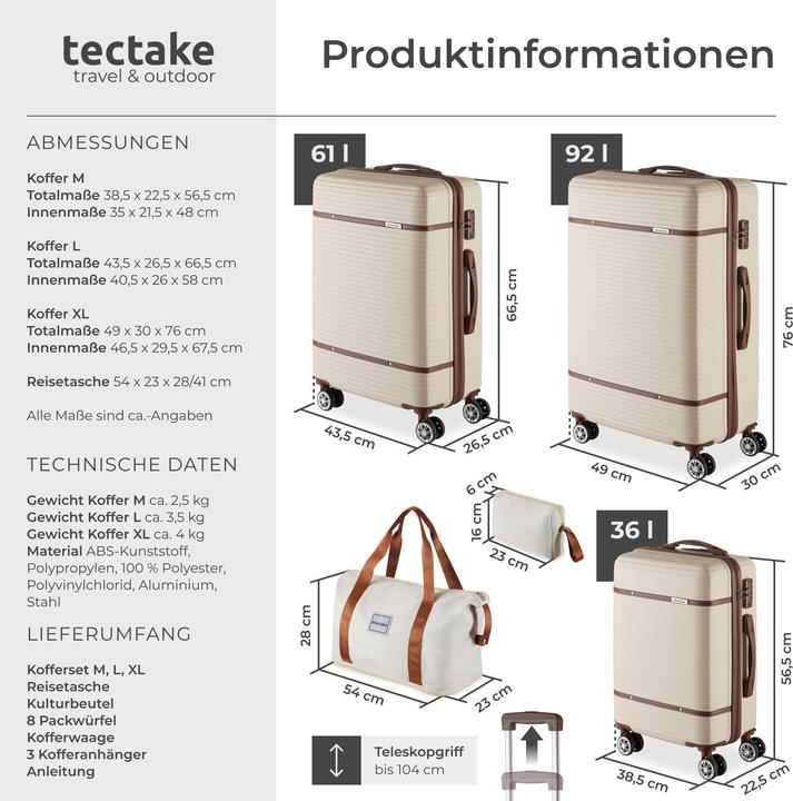 Image du produit tectake Ensemble de valises Madison, 13 pièces, serrure TSA (92 l)