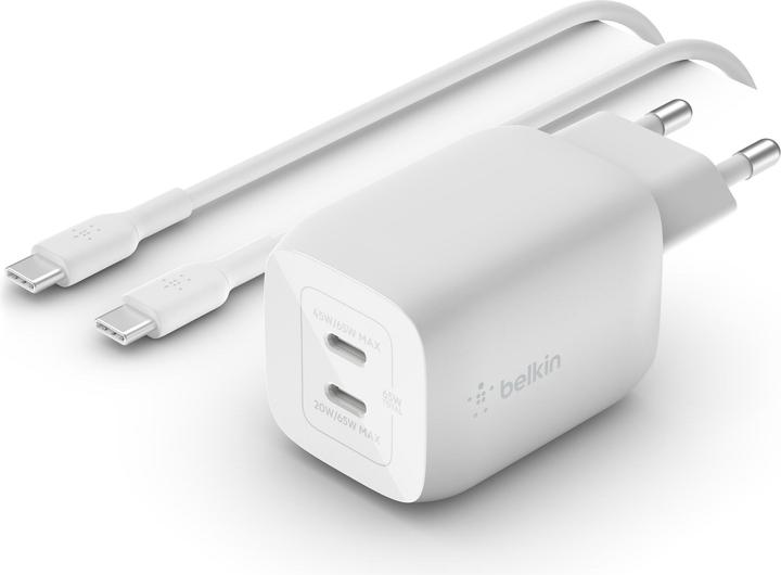 Productafbeelding Belkin Dual USB-C GaN Ladegerät mit Power Deliver und PPS Technologie inkl. 2 Meter USB-C Kabel (65 W)