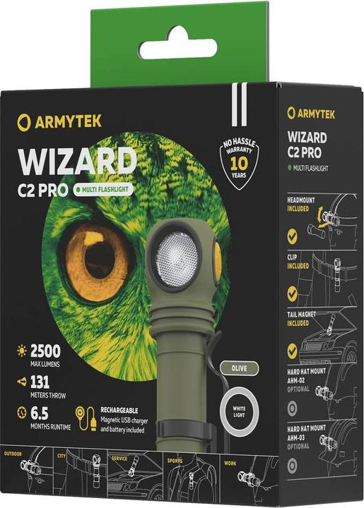 Actual product image ArmyTek Wizard C2 Pro Olive White LED torch with belt clip battery-powered 2500lm 115g (11.20 cm, 2500 lm)
