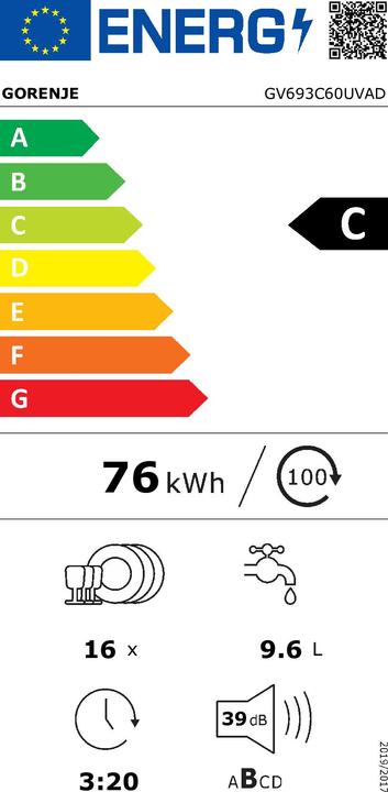 Energie-Label Gorenje Grossgeräte GV693C60UVAD GESCHIRRSPÜLER VOLLINTEG. 60CM