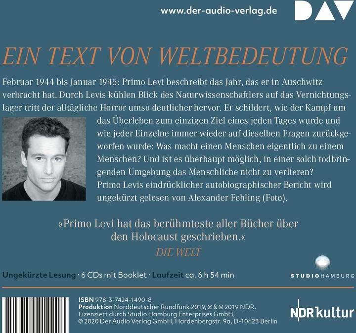 Produktbild Ist das ein Mensch? (Alexander Fehling, Anna Hartwich, Heinz Riedt, Primo Levi, Deutsch)