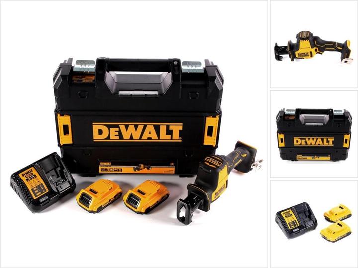 1x DeWalt DCS369 cordless reciprocating saw, 1x TSTAK case, 2x DeWalt 2.0Ah battery, 1x DeWalt charger