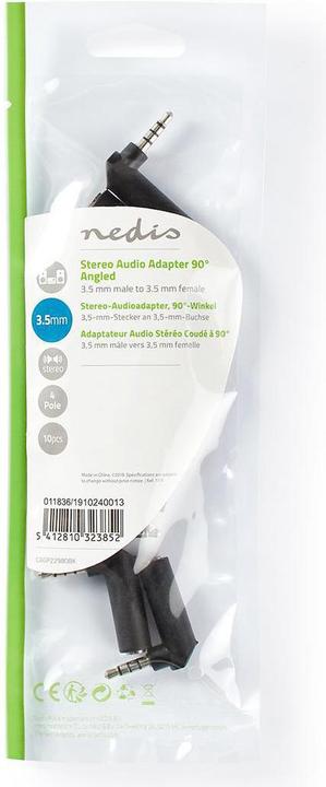 Actual product image Nedis Stereo Audio Adapter 3.5 mm Male 3.5 mm Female Nickel-plated 90° Angled Metal Black 10 (Angle adapter)