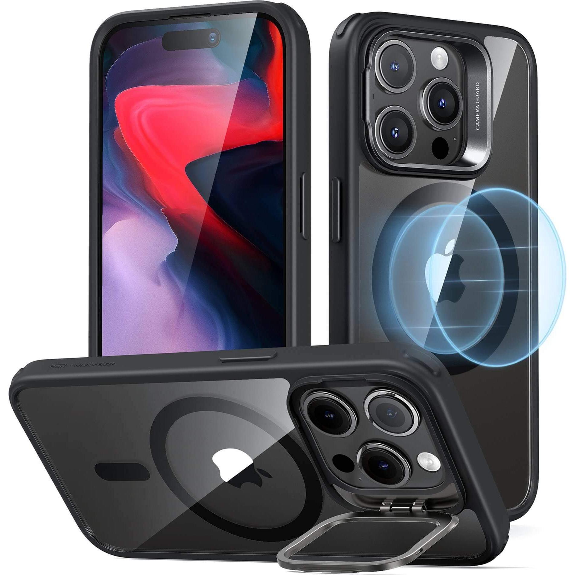 ESR Classic Hybrid HaloLock Case mit Stash Stand (Apple iPhone 15 Pro), Smartphone Hülle, Transparent