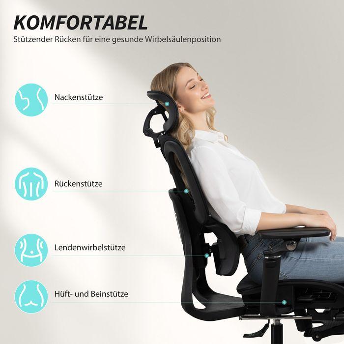 Image du produit Swisshandel24 Bürostuhl, ergonomisch, verstellbare Lenden- u. Kopfstütze, Schwarz (45 - 55 cm)