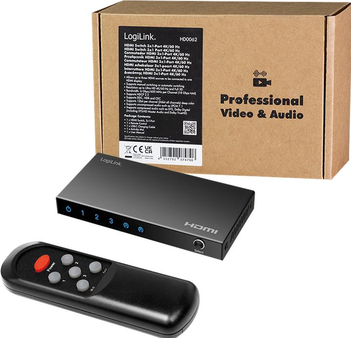 Actual product image LogiLink HDMI-Switch, 3x1-Port, 4K/60 Hz, HDCP, HDR, CEC, RC
