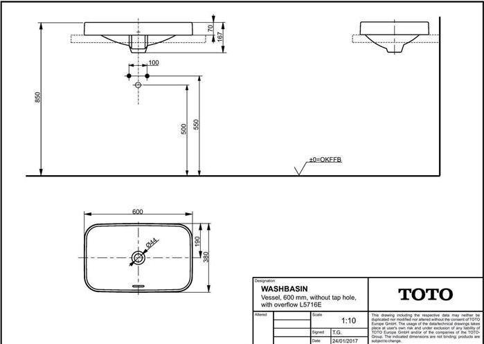 Actual product image TOTO LF Countertop washbasin 600mm, without tap hole, with overflow white (380 mm, 600 mm)
