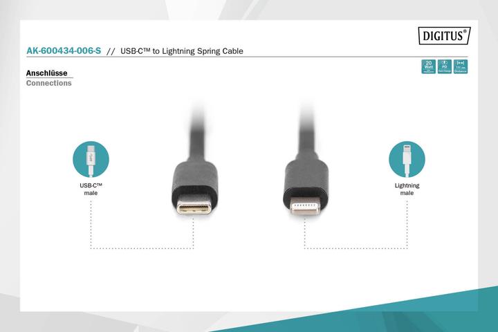 Produktbild Digitus USB 2.0 - USB - C auf Lightning Spiralkabel (1 m, USB 2.0, 60 W)