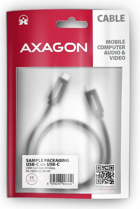 Actual product image Axagon BUCM432-CM10AB USB-C to USB-C cable, USB4 Gen 3×2, 1m, PD 100W, 8K HD, ALU, braided - black (1 m, USB 4.0, 100 W)