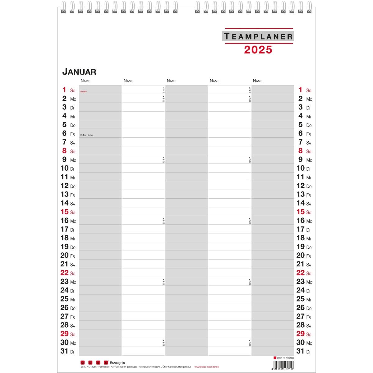 Güss, Agenda, Teamplaner 29,7x42cm bis 5 Personen Kalendarium 2025