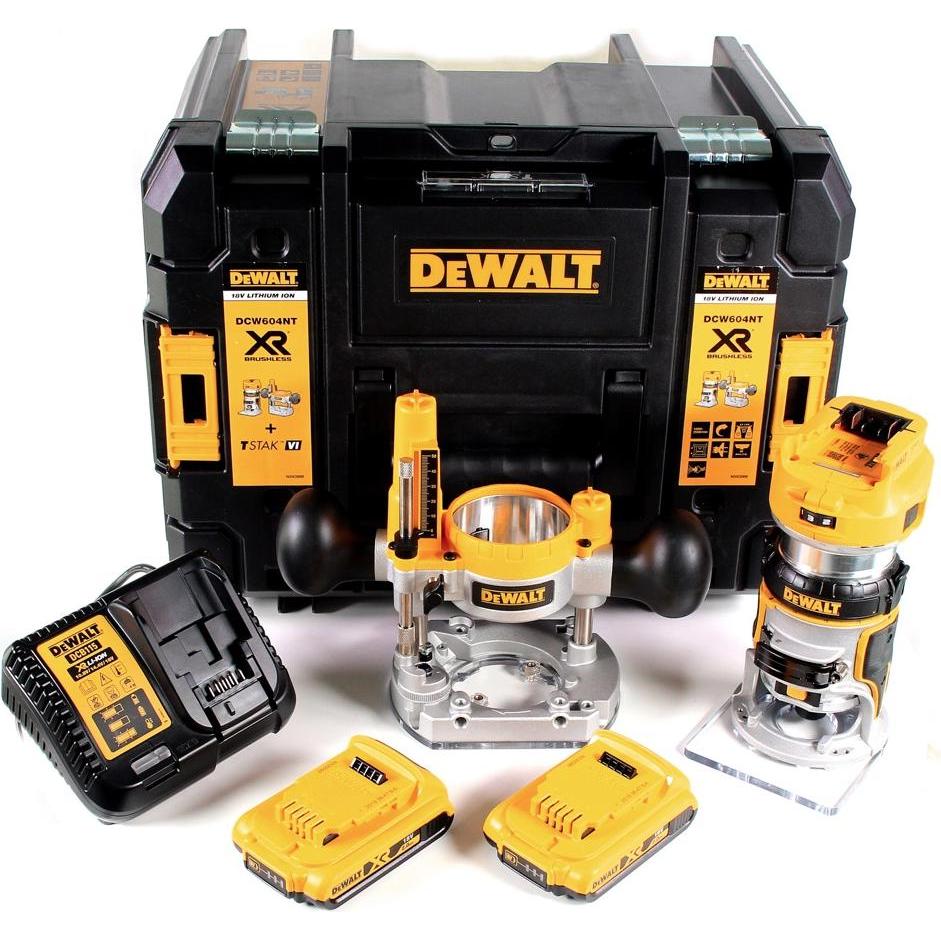 Thumbnail - DeWalt, Fräse, DCW 604 D2 Akku Kombifräse 18V 55mm in + 2x Akkus 2,0 Ah + 1x Schnellladegerät in TSTAK