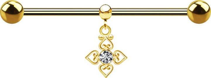 Produktbild Star Piercing Barbell vergoldet zwei Kugeln mit Kugel Ring Anhänger Kristall silber vier filigrane Herzen (Chirurgenstahl 316L, ohne Messing)