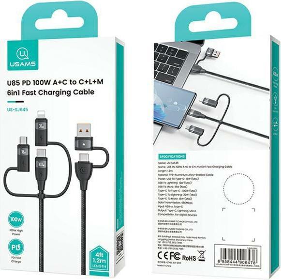 Image du produit Usams US-SJ645 U85 PD100W A+C to C+L+M 6in1 Fast Charging Cable 1.2m (1.20 m, USB 3.2 Gen 1)