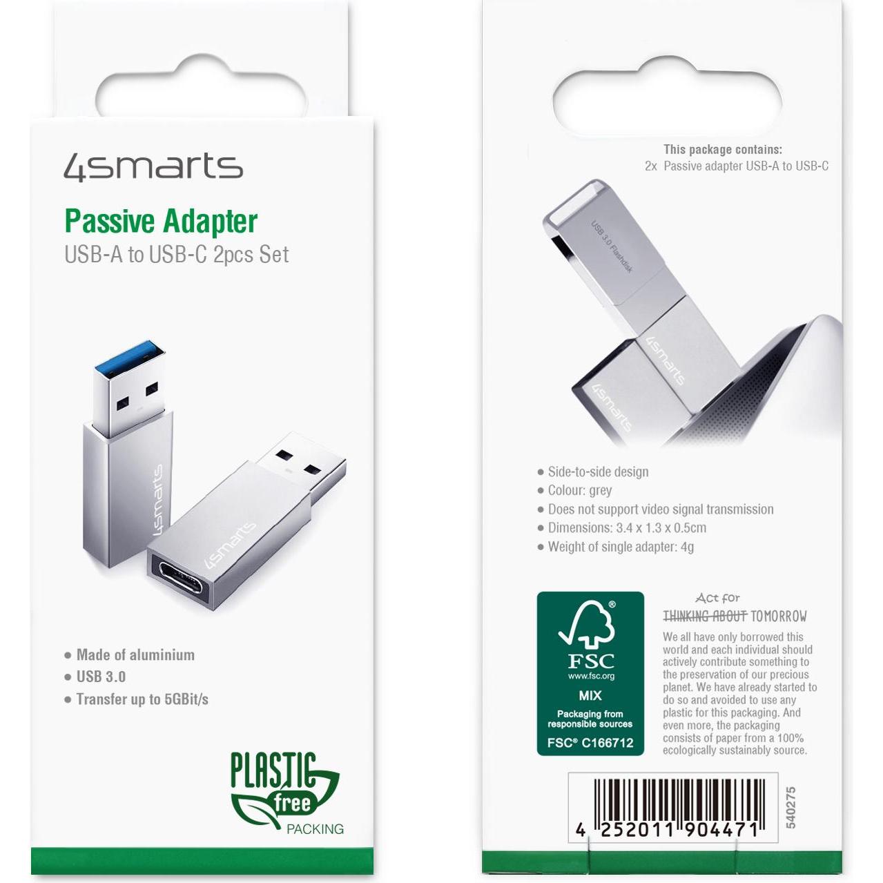 Thumbnail - 4smarts Passiver Adapter (2er Set) (USB 3.0, USB Typ C), Mobilgerät Adapter, Grau