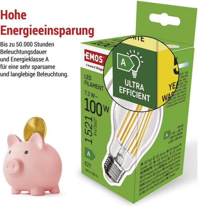 Produktbild Emos LED Lampe Filament (E27, 7.20 W, 1521 lm, 1 x, A)