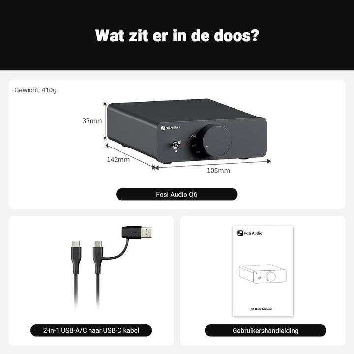 Actual product image Fosi Audio Q6 Mini DAC – USB-C, OPT/COAX – RCA & Sub – 32bit/768kHz