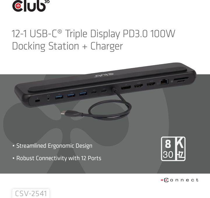 Actual product image Club 3D Club3D USB-C 12in1-Dock >DP1.4/2xHDMI/2xUSB-C/ 8K30Hz PD100W retail (USB-C)