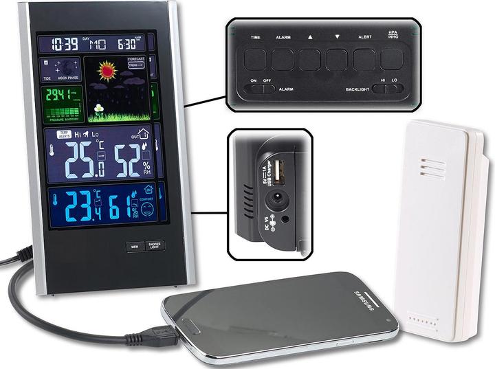Produktbild Infactory Funk-Wetterstation mit Aussensensor, Wecker & USB-Ladeport (2 Ampere)
