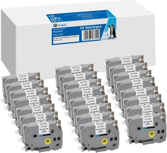 Produktbild G&G 20x Schriftband 18mm x 8m sw ws komp. m. Brother TZe-241 (1.80 cm, Weiss)
