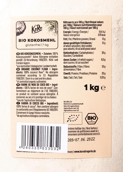 Valori nutrizionali e ingredienti KoRo Farina di cocco biologica (1000 g)