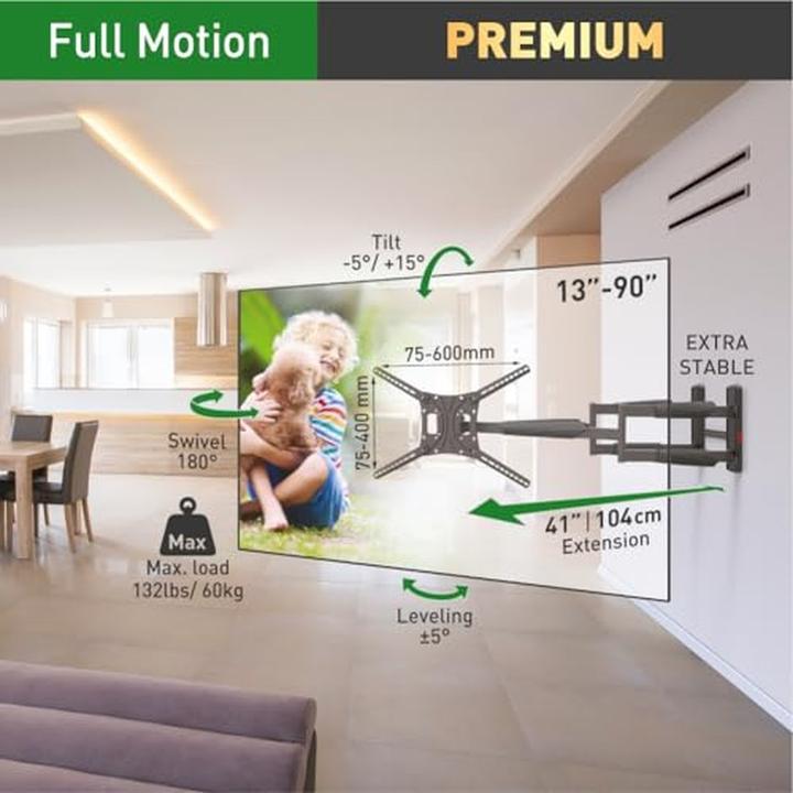 Immagine prodotto Barkan Supporto TV a doppio braccio estensibile, regolabile e inclinabile, fino a 60 kg (Muro, 90", 60 kg)