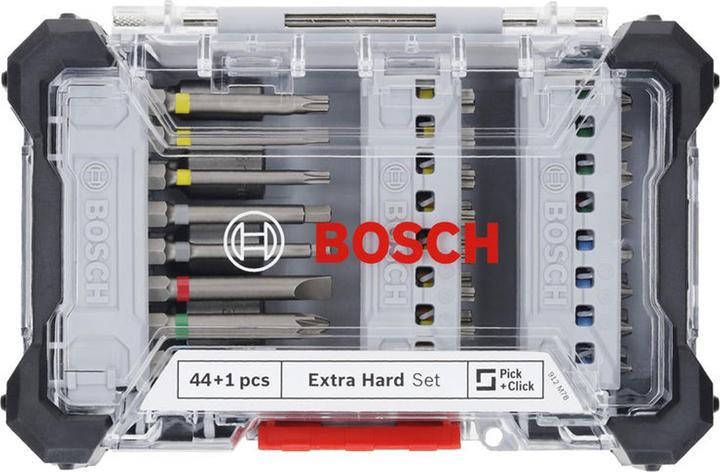Produktbild Bosch Professional Bit Set Extra Hard 44+1 (Innensechskant, Innensechsrund mit Sicherungsstift (TR), Innensechsrund TX, Kreuz Phillips PH, Kreuz Pozidriv PZ, Schraubschlitz)