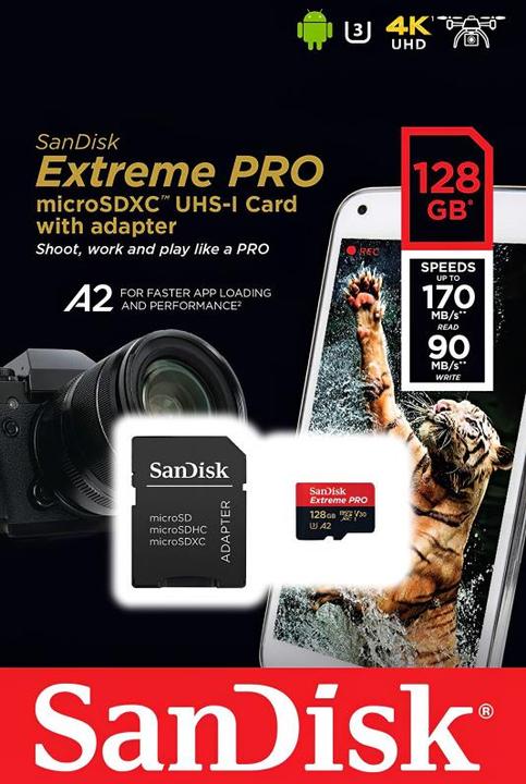 Actual product image Sandisk Extreme PRO UHS-I V30 (128 GB, microSDXC, U3, UHS-I)