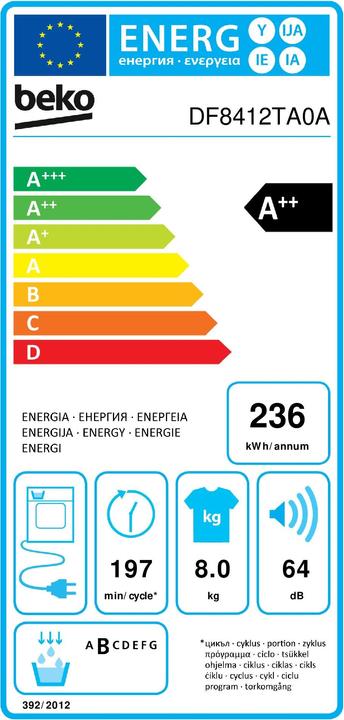 Energie-Label Beko DF8412TA0A (8 kg, Rechts)