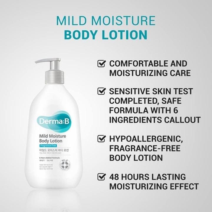 Produktbild Derma:B Derma B Mild Moisture Body Lotion Parfümfrei für trockene & empfindliche Haut mit Hamamelis und (Körperlotion, 400 ml)