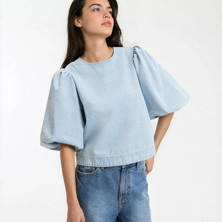 Immagine prodotto BlockX Kurze gestreifte Bluse mit 3/4 Puffärmeln (S)