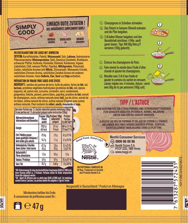 Valeurs nutritives et ingrédients Maggi Zürcher Geschnetzeltes (47 g)